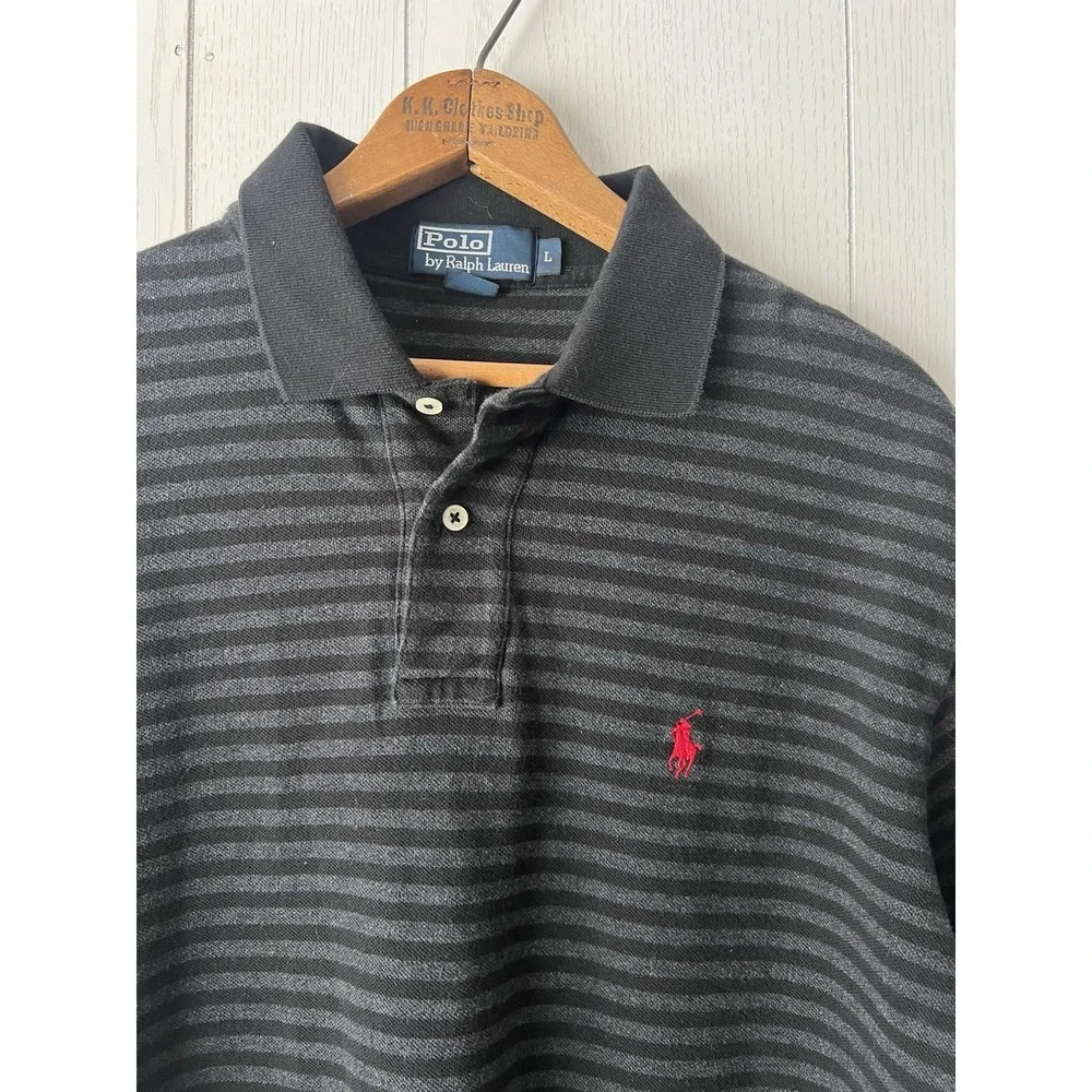 Polo Ralph Lauren Polo Shirt Mens L Black Gray Stripe Red Pony Cotton Golf